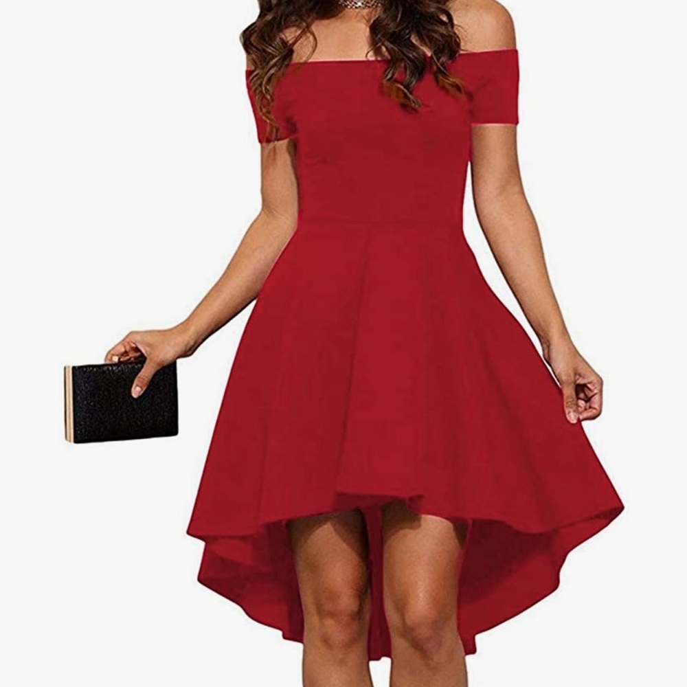 NWT  Sarin Mathews Red Off the Shoulder Shirt Sleeve High Low Dress Sz M